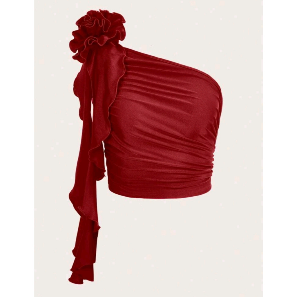 SShine Icon 3D Rosette One Shoulder Ruffle Trim Ruched Crop Red Top