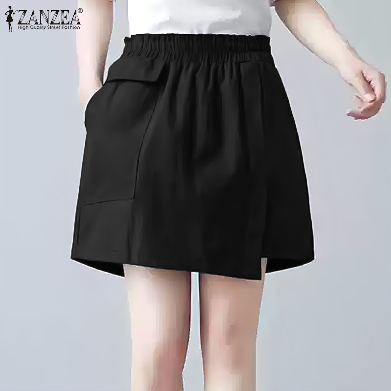 ZANZEA ใส่ ซานเซีย ผู้หญิงเกาหลีสบายๆเอวยางยืดเท็จสองกับกระเป๋ากางเกงขาสั้น - รูปที่ 3