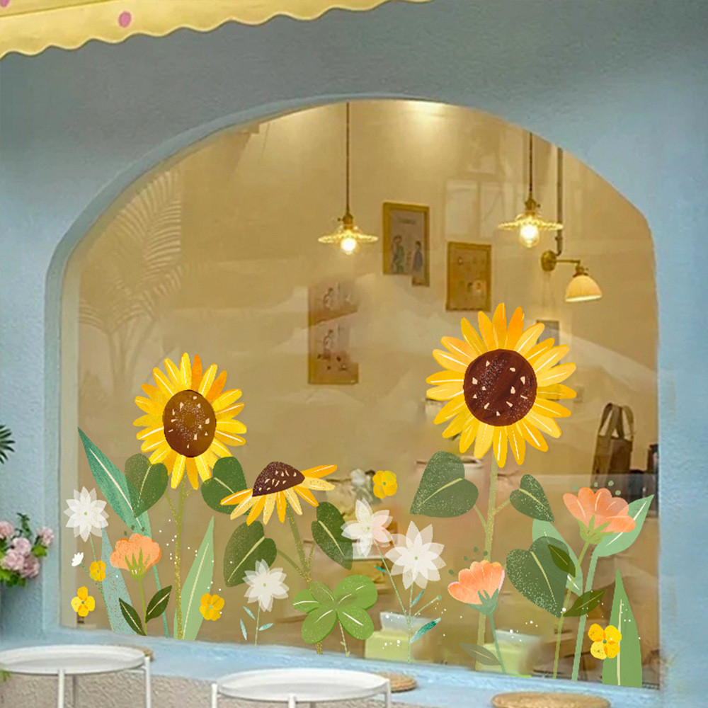 ป้าย PVC กันน้ำแบบคงที่ สไตล์ดอกทานตะวัน ตกแต่งประตูกระจกของร้านขายของชำ ตกแต่งหน้าต่างน่ารัก