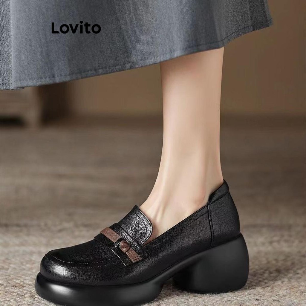 Lovito รองเท้าส้นสูงหัวกลมพื้นหนาสีพื้นหรูหราสําหรับผู้หญิง  LFA66318