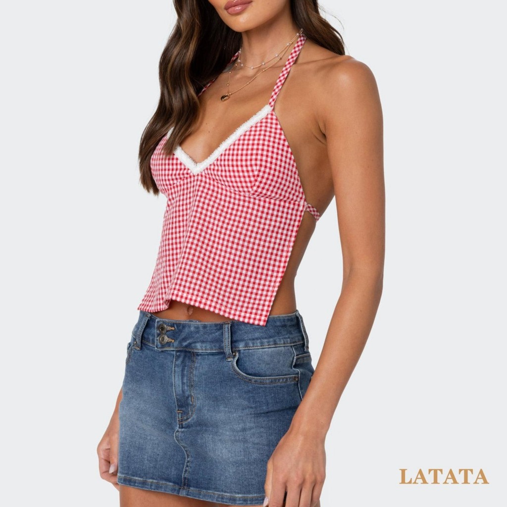 Lata-เสื้อชั้นในสตรีลายสก๊อตเปิดหลัง Lacing Terry Trim แขนกุด Sweetheart คอ Slim Fit Crop Tank Tops - รูปที่ 4