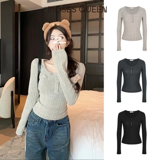 < MOSESQUEEN > เสื้อผ้าสตรีแบบเน็คพิทสตริป แขนยาว รูปแบบเซมิโอเพน ผิวสัมผัสใหม่ บางและเรียบ ด้านในชั้นล่าง #62323