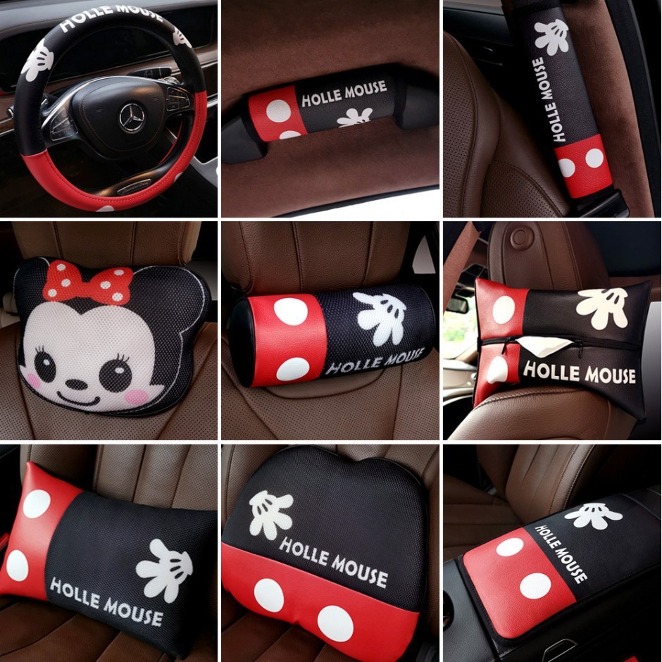 ที่หุ้มพวงมาลัยรถยนต์ระดับพรีเมียมพร้อมการพิมพ์ดิจิตอลการ์ตูนน่ารักหนังและหนังชุดพนักพิงศีรษะมิกกี้เมาส์