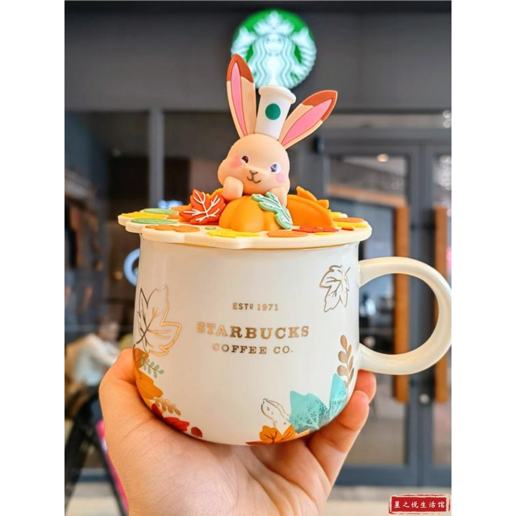 Starbucks Autumn Forest Series Slice Maple Leaf Mug การ์ตูนน่ารักกระต่ายถ้วยฝาปิดถ้วยกาแฟเซรามิค