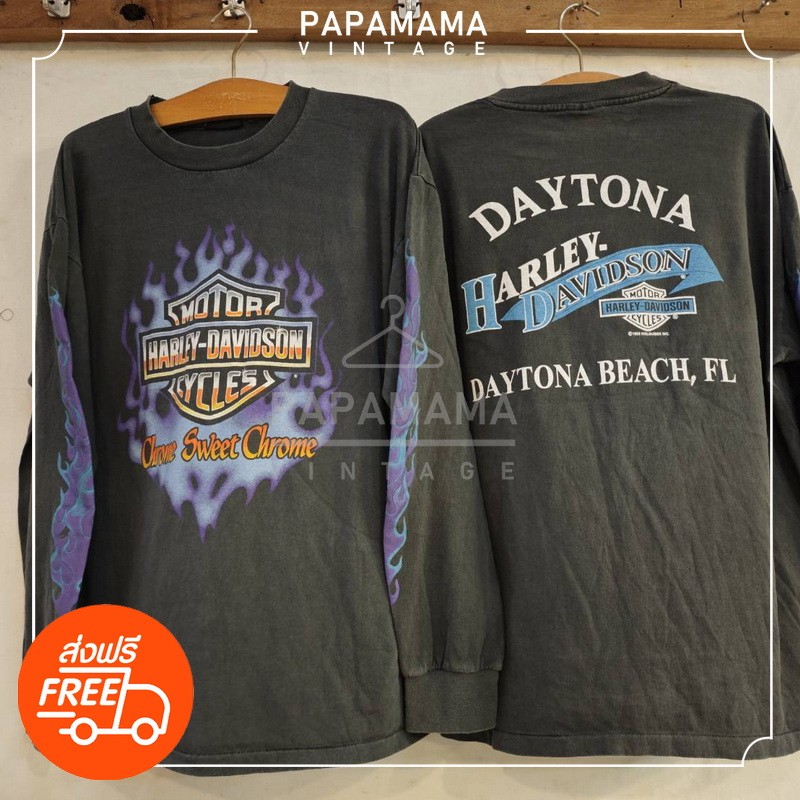 [ HARLEY-DAVIDSON ] DAYTONA BEACH, FL BioWashed LongSleeve tag USA เสื้อวินเทจ เสื้อทริป ฮาร์เลย์ papamama vintage shirt