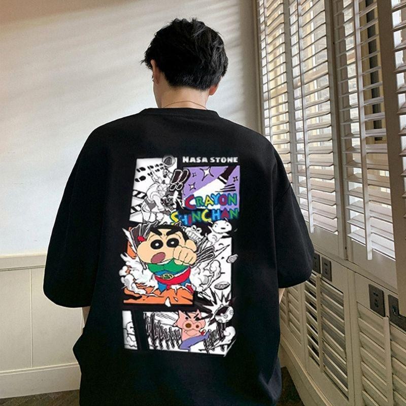 (จัดส่งตลอด 24 ชั่วโมง)เสื้อยืด oversize unisex สกรีนหน้าหลัง ลาย "Crayon Shin-chan" เป็ดเท่ๆ ผ้าคอตตอน100%