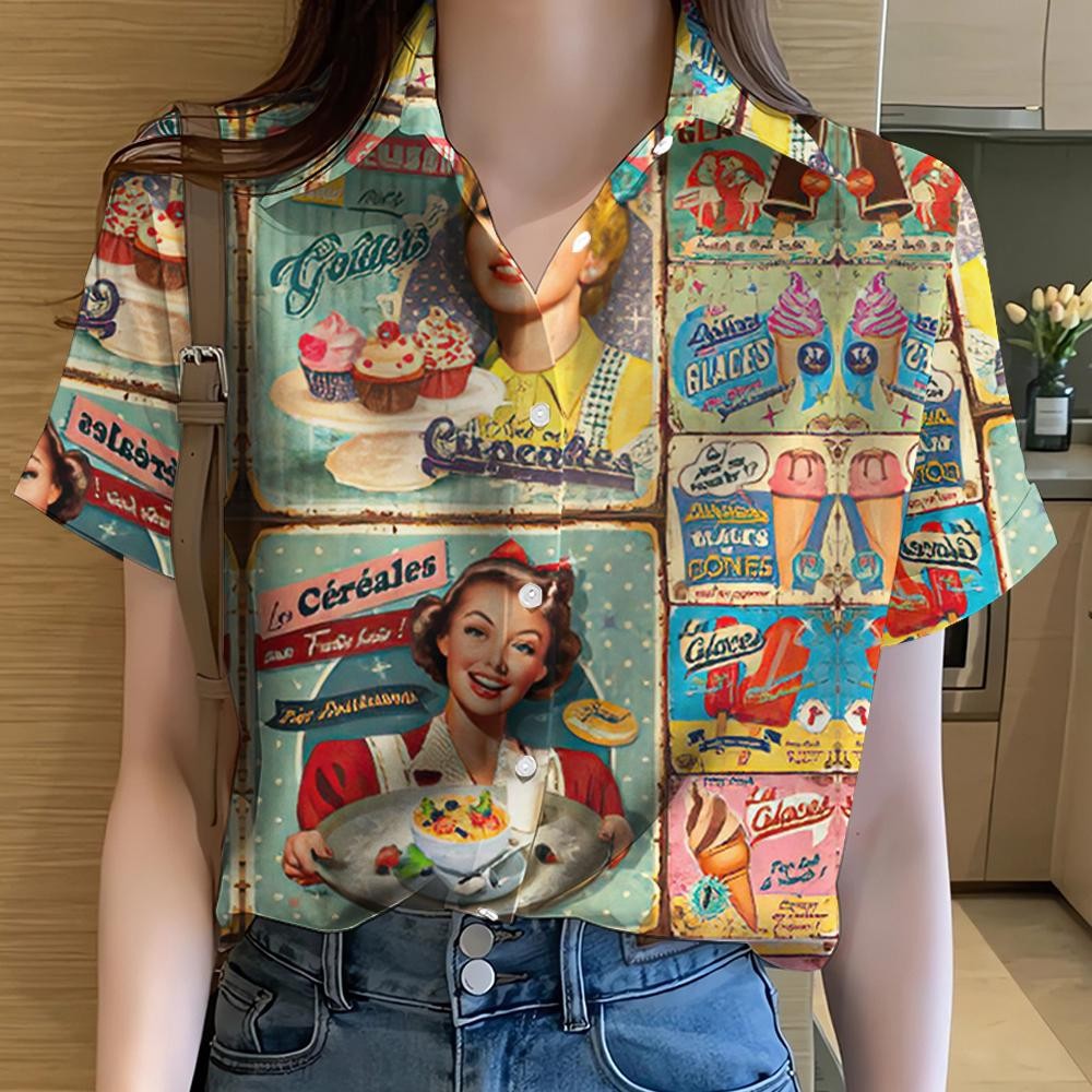 2568 ฮาวายเสื้อยืดผู้หญิงแขนสั้นฤดูร้อนใหม่ปุ่ม 3D พิมพ์เสื้อยืดวินเทจเสื้อผ้า
