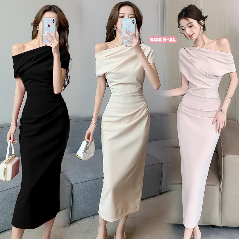 Mimi&Didi  เดรสไหล่ลาดแฟชั่นลำลอง หรูหรา แขนสั้น เรียบง่าย และประณีต แบบซิปหลัง ชุดเดรสเปิดไหล่ สไตล์ฝรั่งเศส99051