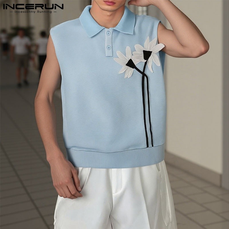 Incerun ผู้ชายเกาหลีแฟชั่น Lapel 3D ดอกไม้ตกแต่งเสื้อแขนกุดครึ่งกระดุม