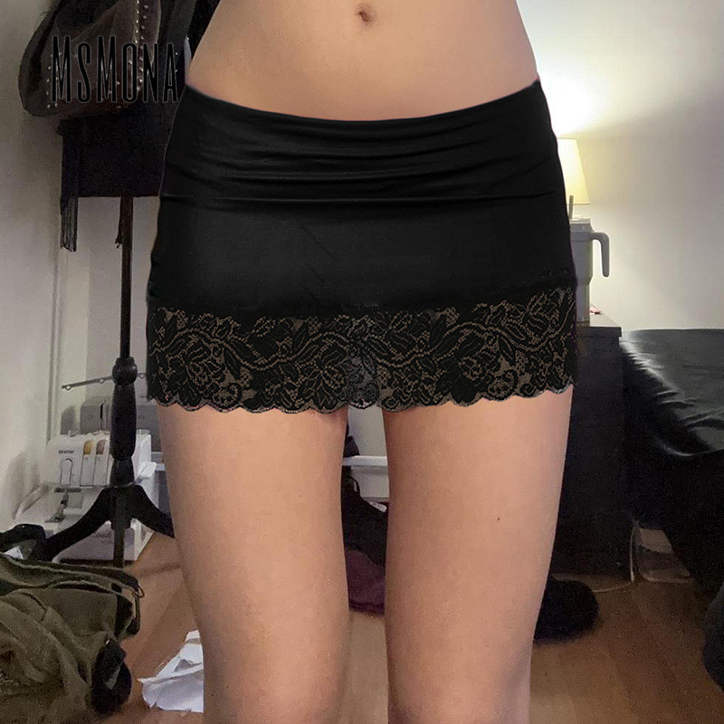 Msmona ผู้หญิงกระโปรง 2025 ฤดูร้อนใหม่เซ็กซี่ลูกไม้มุมมอง Scheming Hip Wrap กระโปรงสั้น Street Hipster สีทึบ