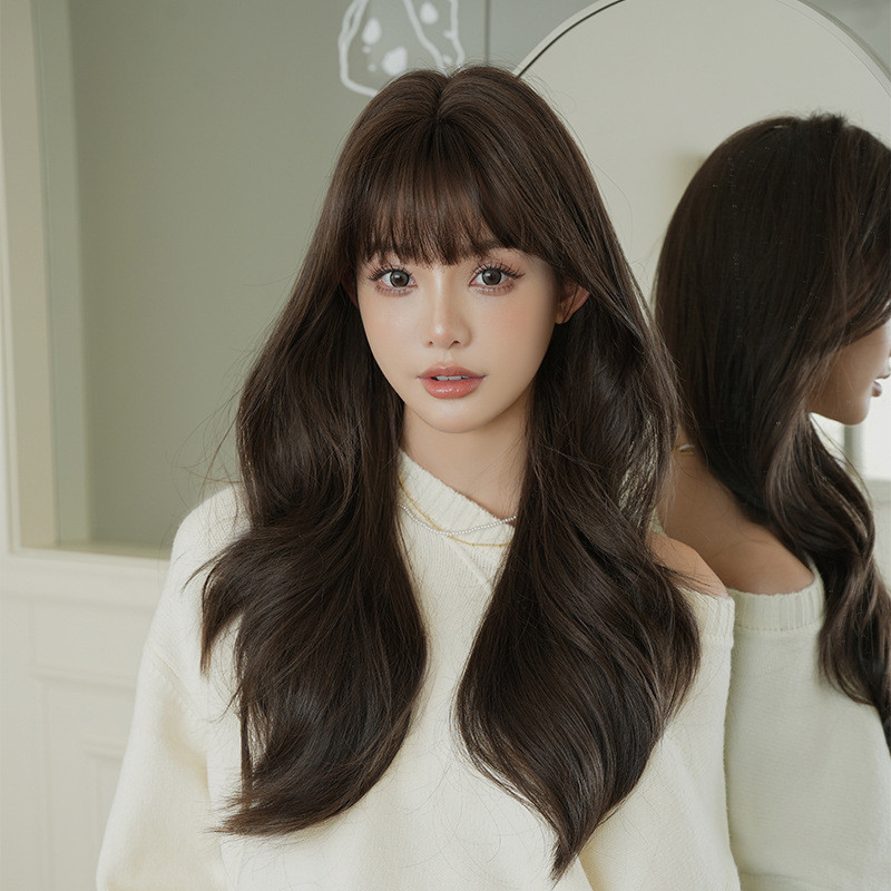 7JHH WIGS วิกผมหญิงผมหยิกยาวเส้นใยเคมีจําลอง Qi Bangs Big Wave Curly Full Headgear