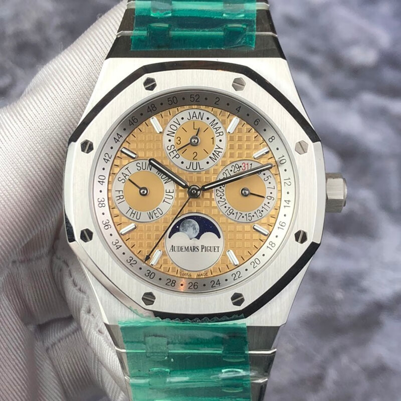 Aibi Royal Oak Series 26611PT นาฬิกาข้อมืออัตโนมัติ แพลตตินัม หน้าปัดแซลมอน ปฏิทิน เฟสดวงจันทร์ 41 มม. สําหรับผู้ชาย