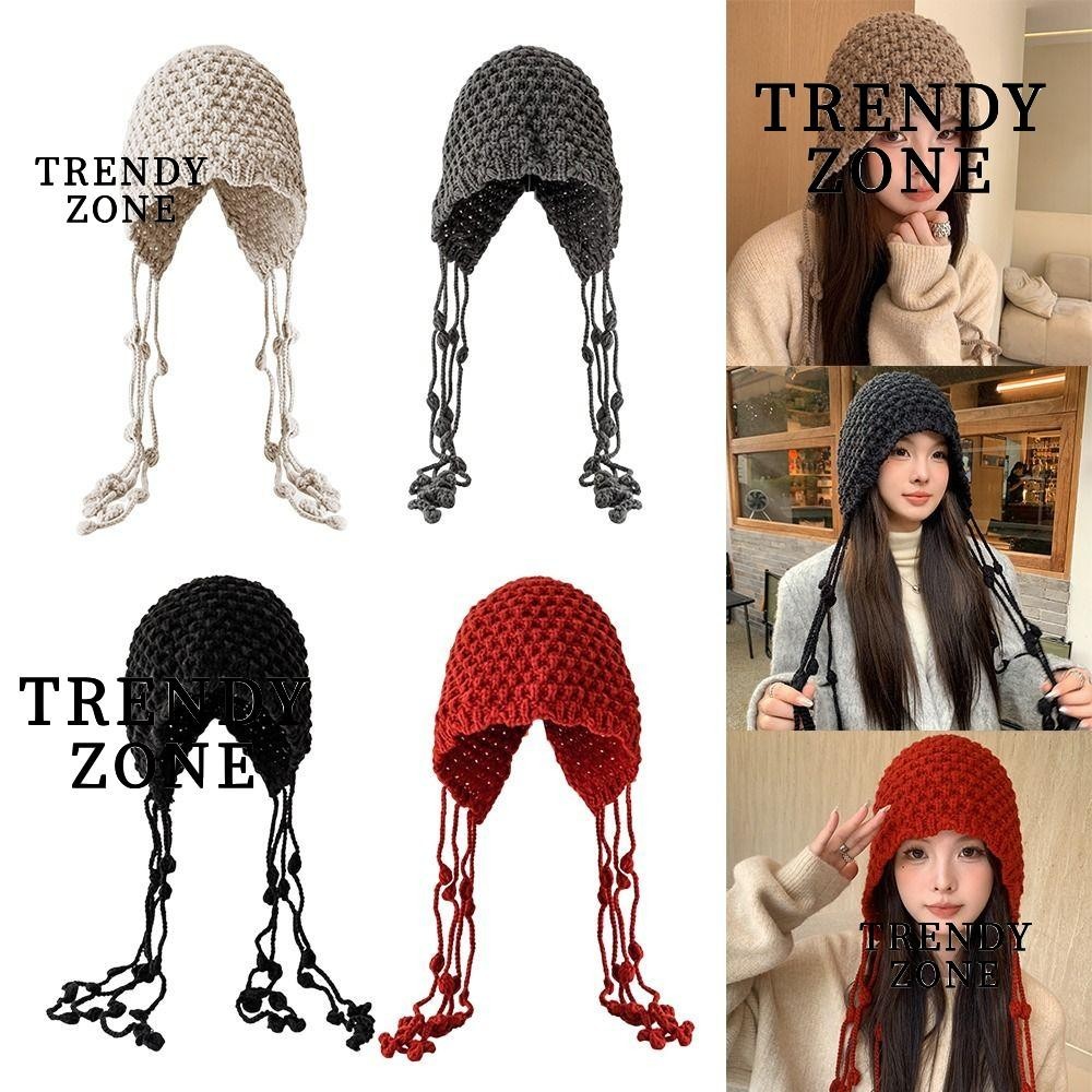 Trendyzone หมวกผ้าขนสัตว์ถัก แฮนด์เมด กันลม แต่งพู่ แฟชั่นฤดูใบไม้ร่วง และฤดูหนาว