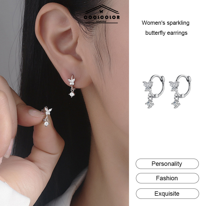 ในไทย💖ต่างหูห่วงเงินS925ผีเสื้อฝังเพชรหรูหราคนแพ้ง่ายใส่ได้การออกแบบที่ดีเครื่องประดับแฟชั่น สําหรับผู้หญิง.COD