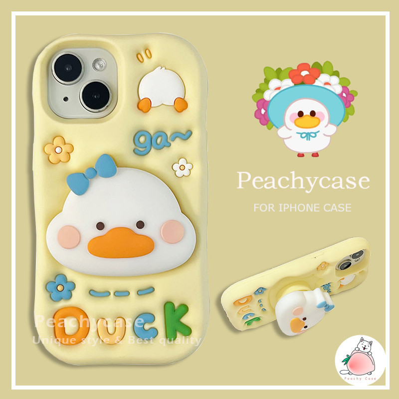 เคสโทรศัพท์มือถือ ซิลิโคนหนา กันกระแทก ลายการ์ตูนเป็ดน่ารัก พร้อมขาตั้ง สําหรับ iPhone 15 14 13 12 Pro Max 11 15promax