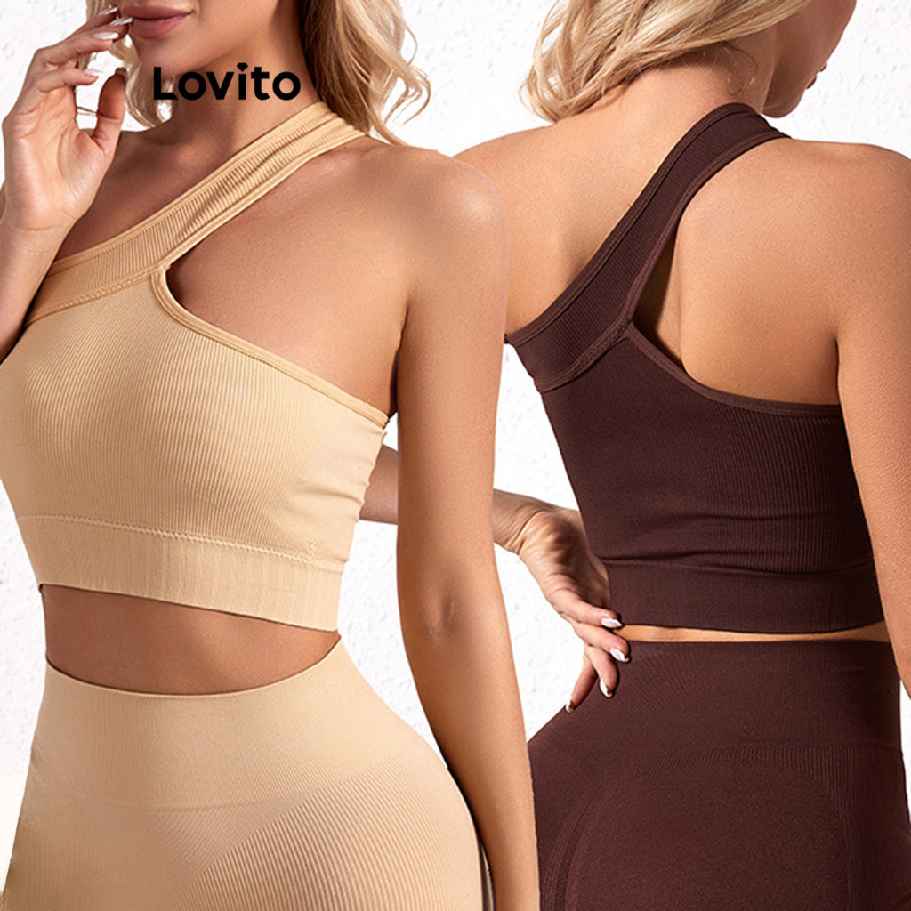 Lovito สปอร์ตบราผู้หญิง เปิดไหล่ ทรงอสมมาตร สีพื้น สไตล์สปอร์ต LNL44043