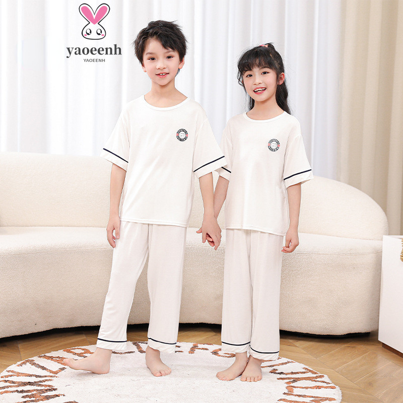 【YAOEENH】100-170 ซม. ฤดูร้อน เด็ก หลวม สบาย ๆ เครื่องปรับอากาศ บ้าน ขนาดกลาง ขนาดใหญ่ เด็กผู้ชาย เด็กผู้หญิง แขนสั้น ยาวถึงข้อเท้า ชุดนอน