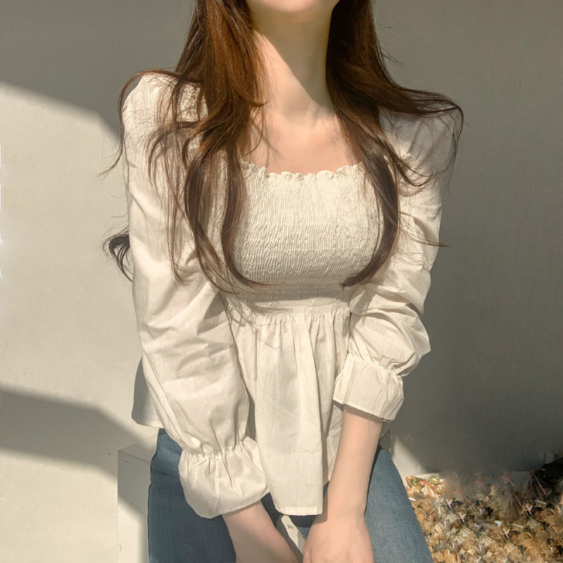 เสื้อเชิ้ตแขนพัฟ คอสี่เหลี่ยม เข้ารูป แต่งจับจีบ สไตล์เกาหลี