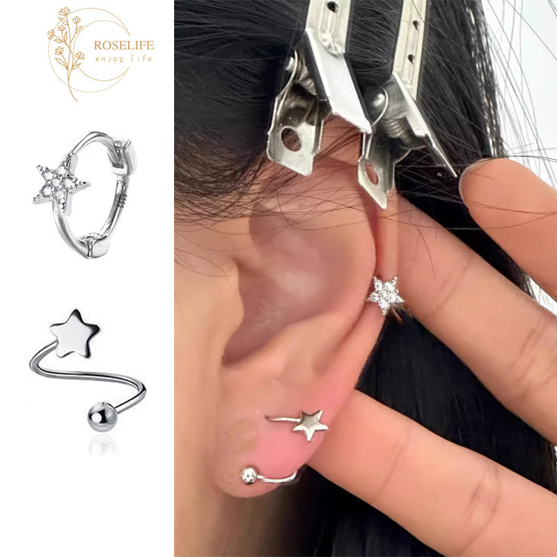 Roselife ต่างหูห่วง เงิน เพทาย ดาว หัวใจ ทรงกลม สกรู กระดูกหู เครื่องประดับ สําหรับผู้หญิง 1 ชิ้น