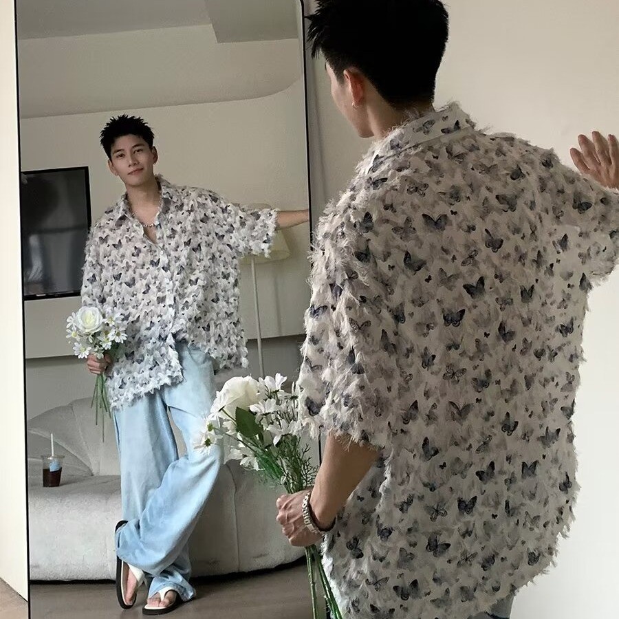 เสื้อแจ็กเก็ตคาร์ดิแกน คอปก แขนห้าส่วน พิมพ์ลายผีเสื้อ ระดับไฮเอนด์ สไตล์ญี่ปุ่นเรโทร สําหรับผู้ชาย