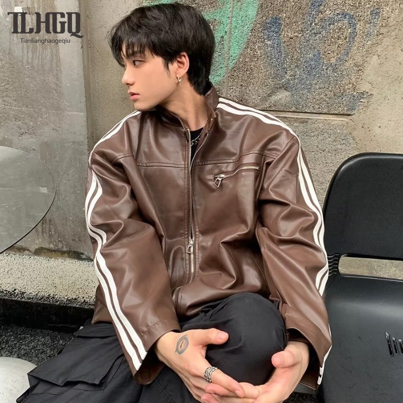 เสื้อแจ็กเก็ตหนัง ลายทาง สีน้ําตาล พรีเมี่ยม สไตล์อเมริกัน สําหรับผู้ชาย