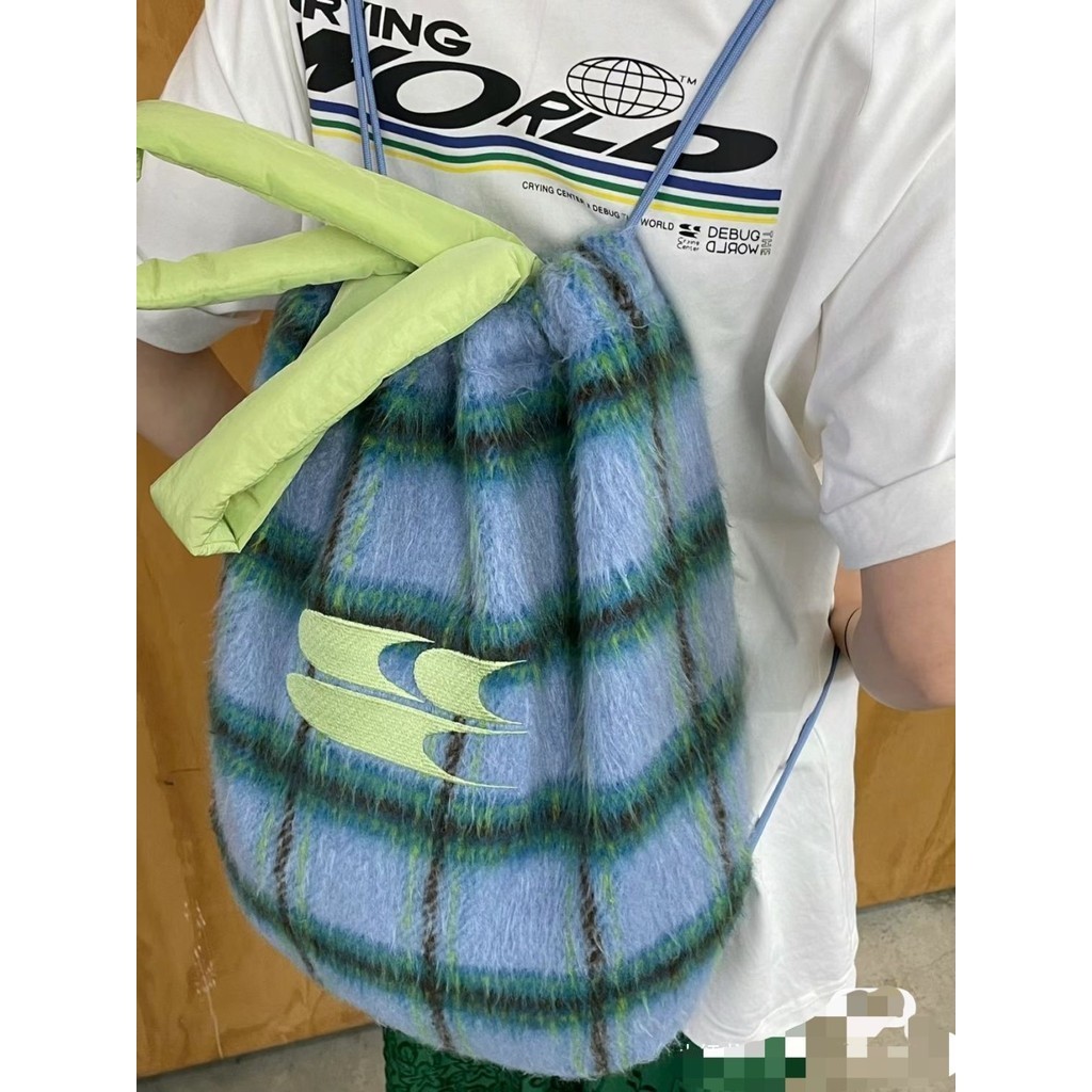 [LY ] Blue-green Contrast Color Woolen Plaid Drawstring Backpack Large-Capacity Shoulder Bag Multifunctional Dual-U