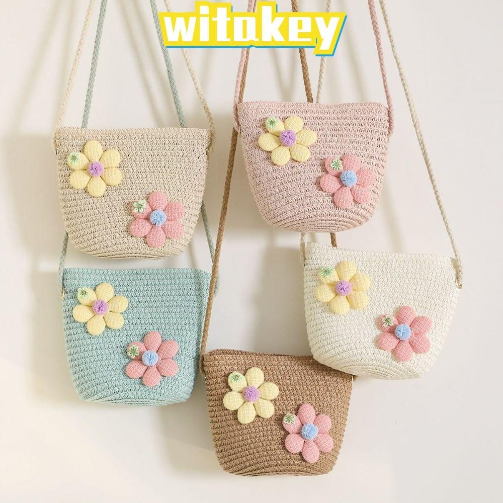 Witakey เด็กผู้หญิง ดอกไม้ ฟาง กระเป๋า, แฮนด์เมด ทอ ซิป เด็ก กระเป๋าสะพายข้าง, กระเป๋าใส่เหรียญ ตะกร้าเก็บรูป อุปกรณ์ประกอบฉาก กระเป๋าสะพายข้าง