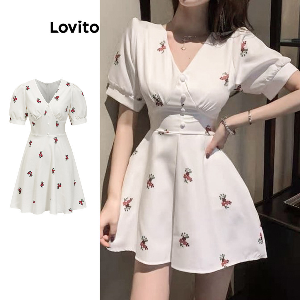 Lovito ชุดเดรสผู้หญิง มีกระดุม แต่งจีบ พิมพ์ลายดอกไม้ สไตล์ลำลอง L85AD183