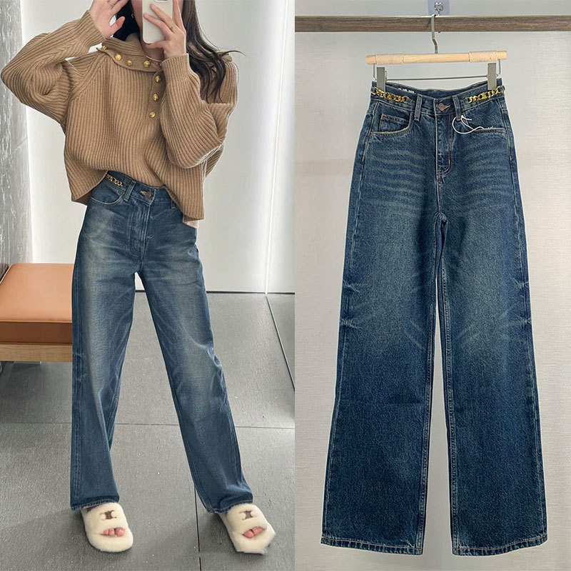 ZLJR CEL***E 2024Spring and Summer New European and American Chain Straight-Leg Denim Trousers for Women High Waist Slimming All-Matching Graceful and Fashionable