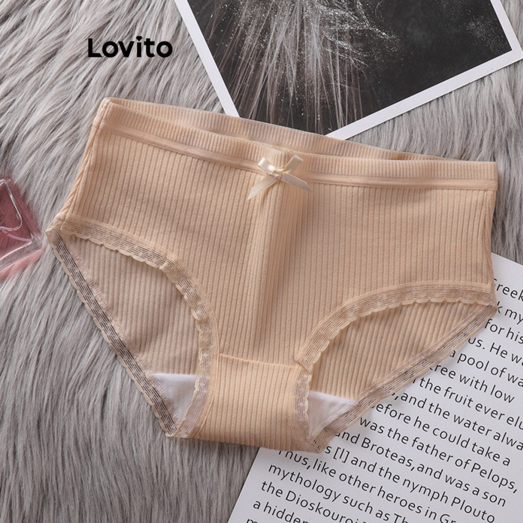 Lovito กางเกงชั้นในผู้หญิง ขอบแต่งระบาย สีพื้น สไตล์ลำลอง LNA34134 (สีแอปริคอท/สีดำ)