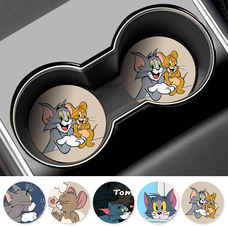 Tom and Jerry Car Coasters Car Goods Creative Water Coasters ตกแต่งภายในรถยนต์ Anti-slip Storage Mats Universal