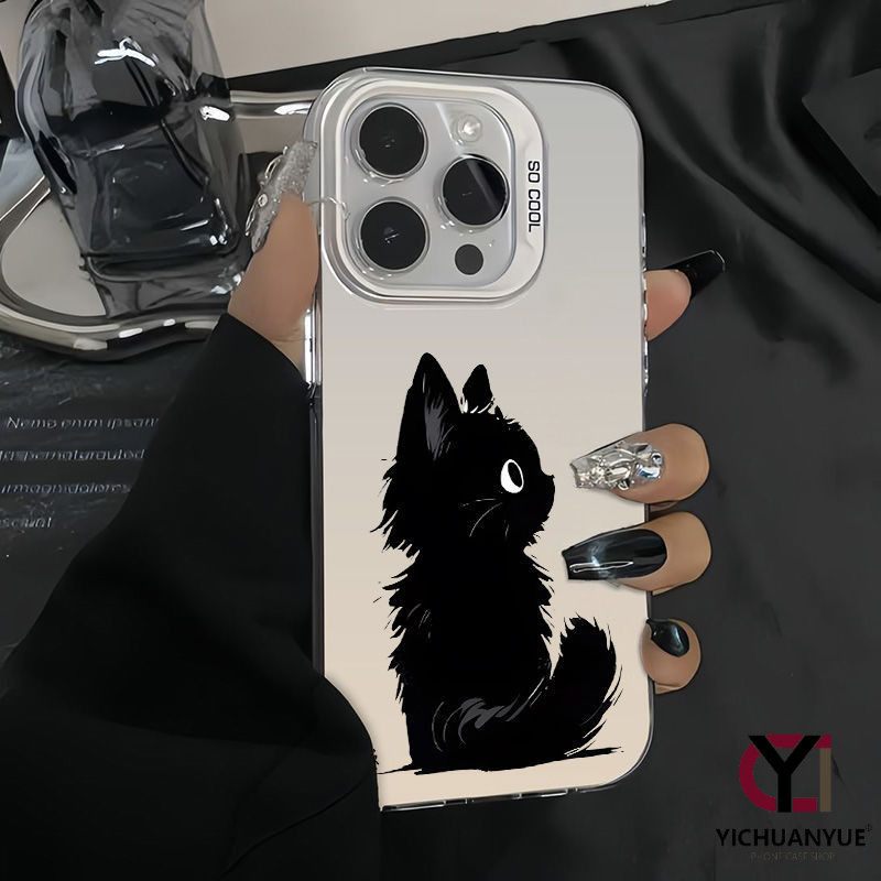 สำหรับ iPhone 13 12 14 11 15 Pro Max XR X Plus XS SE 7 8 ดีไลท์แมวดำลายการ์ตูนฮาร์ดเชลล์กันกระแทกและป้องกันการตกน่ารัก