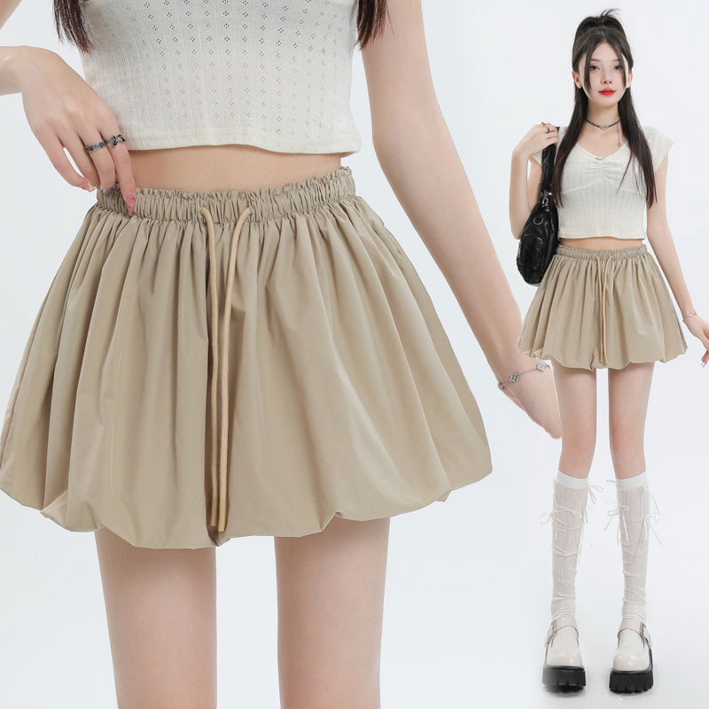 ฤดูร อนเกาหลีสีทึบ Drawstring ดอกไม Bud โคมไฟกระโปรงสั น กางเกงเซฟตี้240429