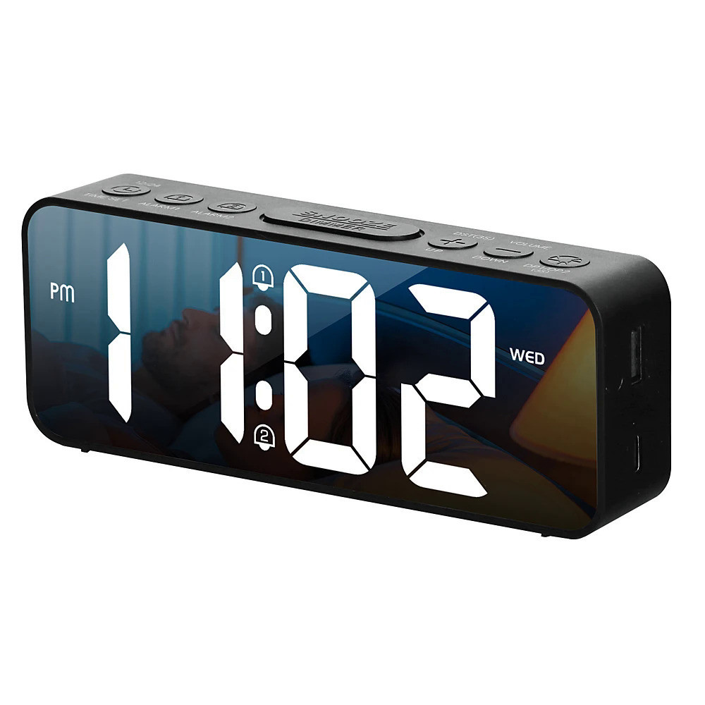 LED Alarm Clock Mirror Digital Clock 12/24H Week Temperature Display Snooze DST Dual Alarms Night Mo