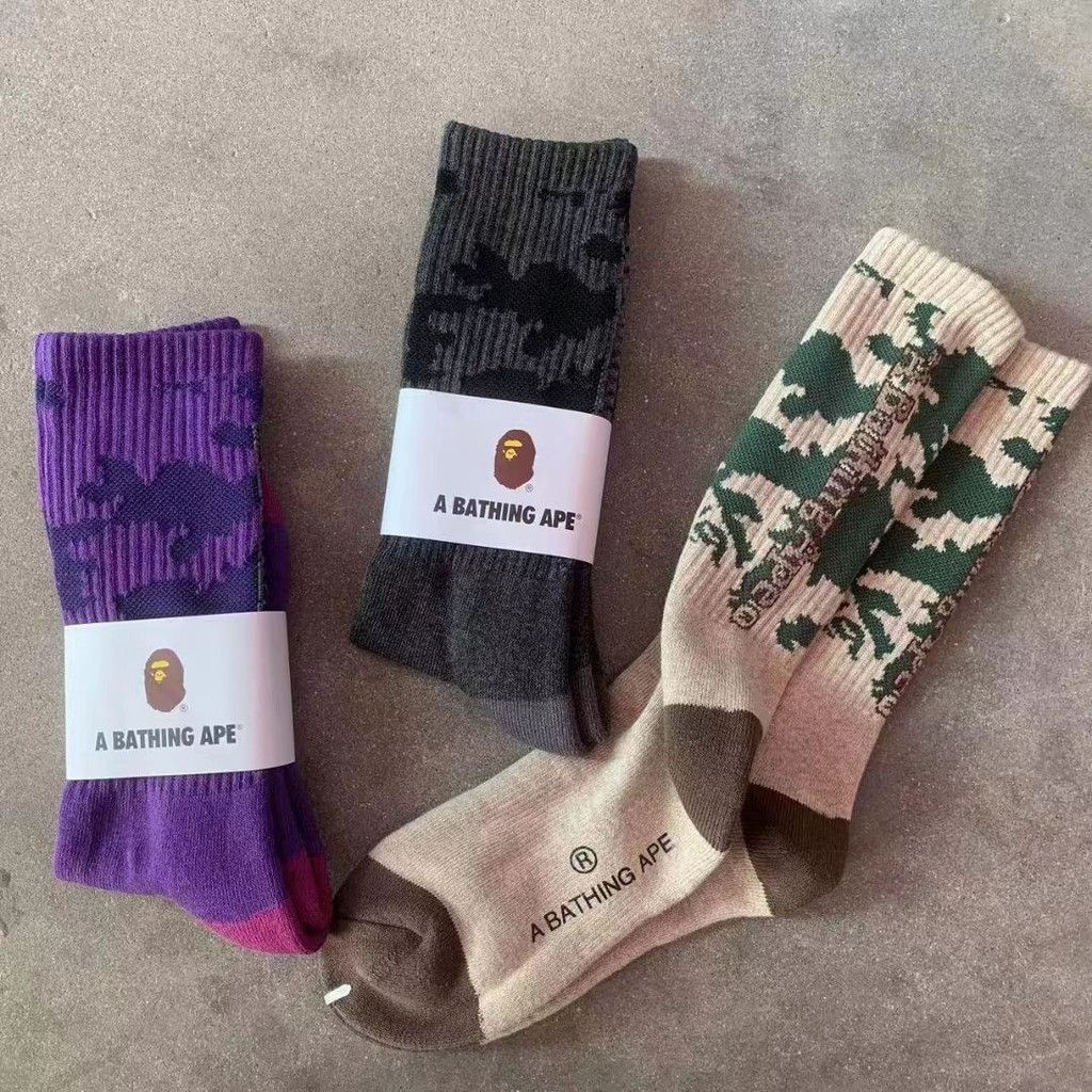 BAPE Ape Head ถุงเท้าญี่ปุ่น ถุงเท้าสำหรับผู้ชายและผู้หญิง ถุงเท้าขนาดกลาง ถุงเท้ากีฬา ถุงเท้าบาสเกตบอล