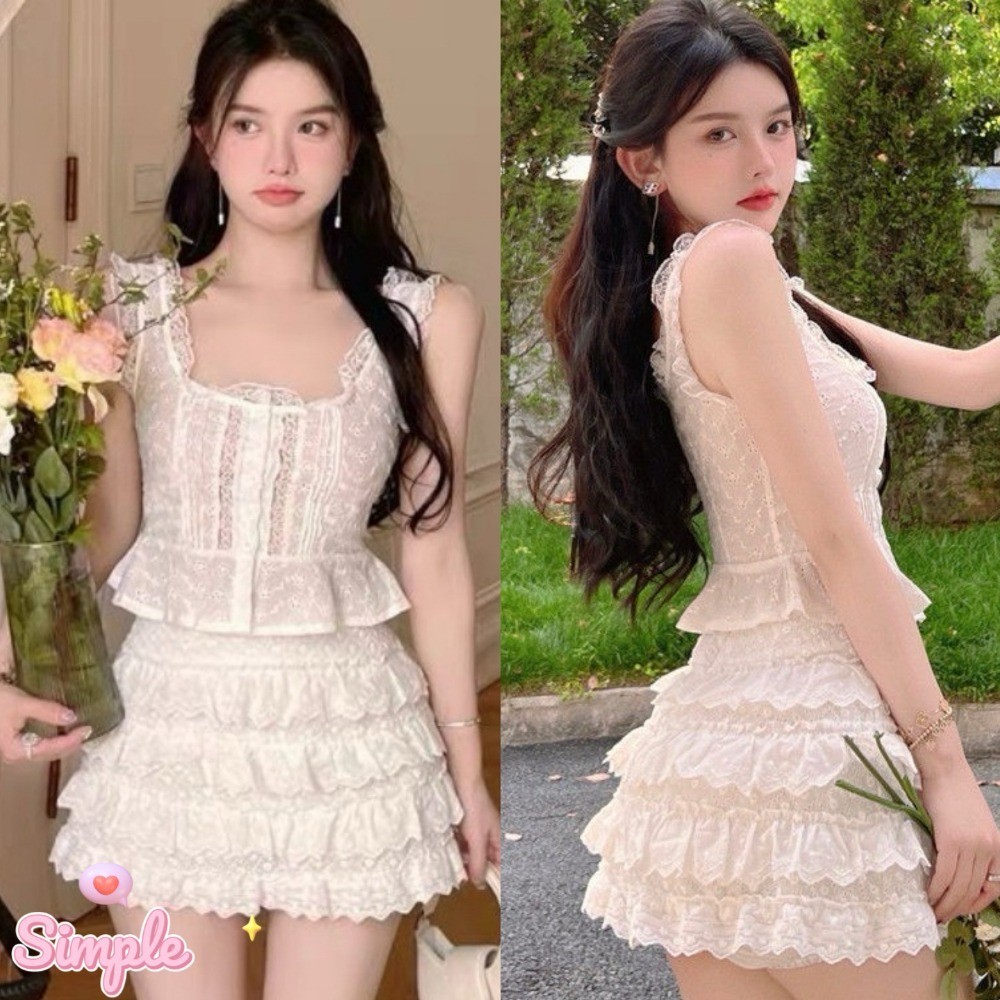 SimpleStore จัดส่งในกรุงเทพฯ ฤดูร้อนใหม่บางลูกไม้คาร์ดิแกน + กระโปรงเค้กลูกไม้น่ารัก 020