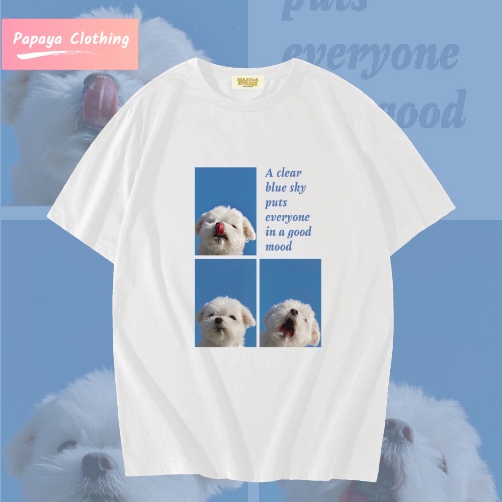 Papaya เสื้อยืดโอเวอร์ไซส์ เสื้อยืดเกาหลี ผ้าคอตตอน100% เสื้อยืด ลายน้องหมา WS0061