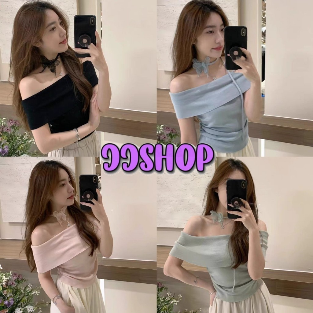 JJ Shop​ ​พร้อมส่ง เสื้อเปิดไหล่ไหมพรม ซีทรูเบาบาง ใส่ได้หลายแบบคิ้วๆ "E328"