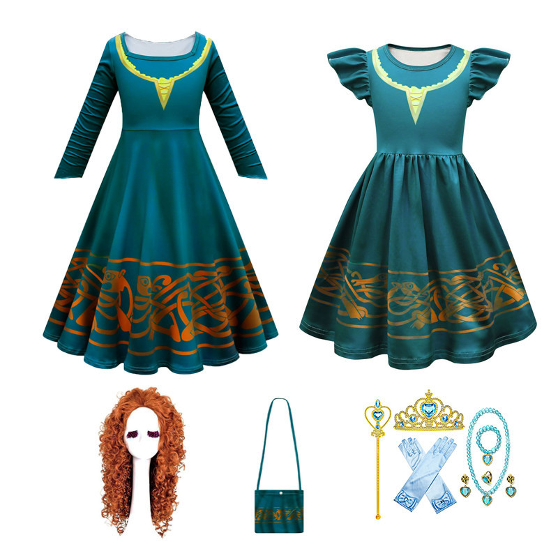 Brave Merida คอสเพลย์เครื่องแต่งกายสําหรับเด็กสาวฤดูร้อนสีเขียวเข้มชุดเจ้าหญิงกระเป๋าเสื้อคลุมวิกผมฮาโลวีน Carnival วันเกิด Terno