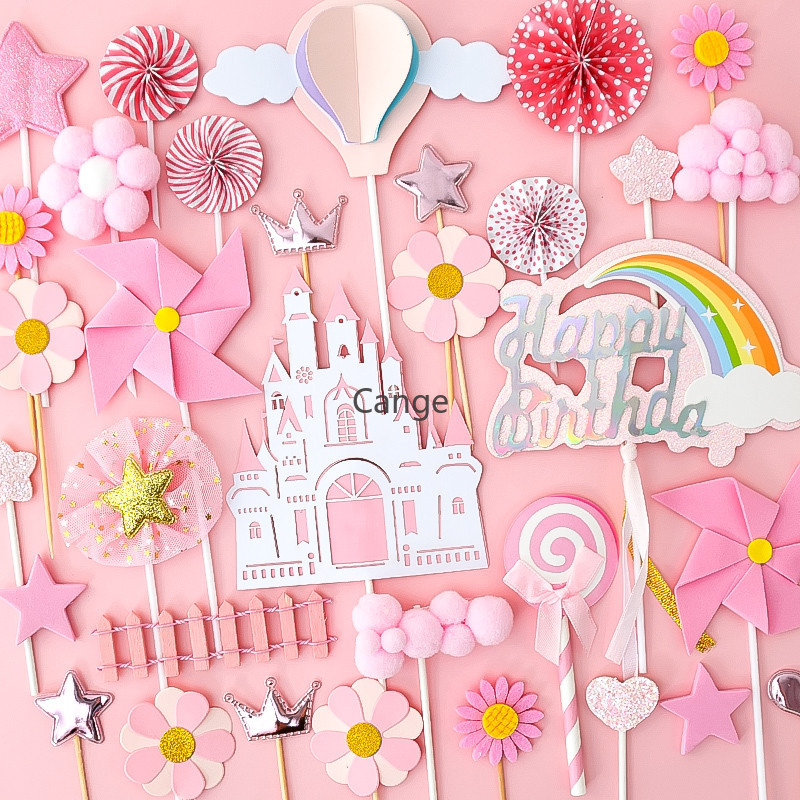 Pink Girl Heart เค้กตกแต่ง Plugin สีชมพู Cloud Rainbow Baby Birthday Plugin