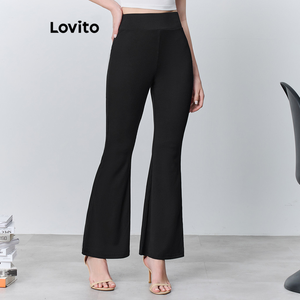 Lovito กางเกงขายาวผู้หญิง ผ้าถัก สีพื้น สไตล์ลำลอง L87ED292
