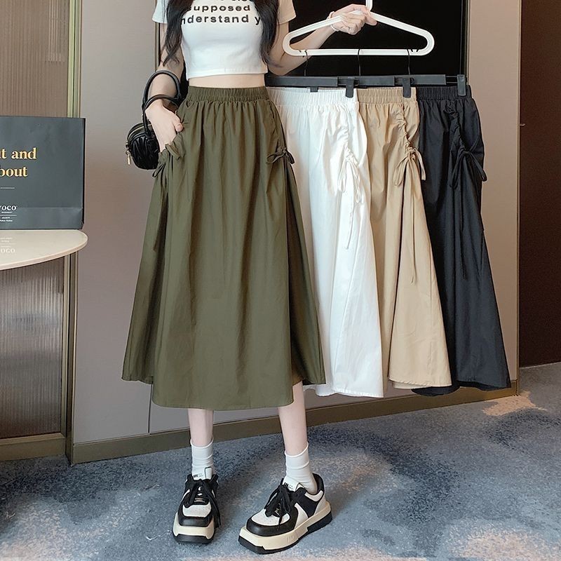 ผู ้ หญิงขนาดใหญ ่ ฤดูร ้ อนเวอร ์ ชั ่ นเกาหลีเรียบง ่ ายและสบายๆเอวสูง A-line จีบโบว ์ หลวมกระชับกระโปรงยาว