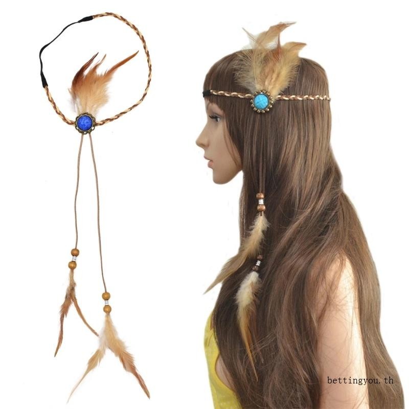 ♘ ✺ * Boho Feathers ที ่ คาดผม Hippie Native American Headdress Indian Headpiece