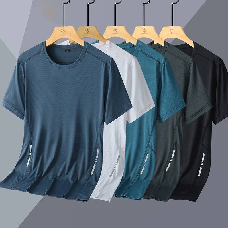 ผู้ชายมาใหม่แห้งเร็วแขนสั้นเสื้อยืดน้ำแข็งผ้าไหมระบายอากาศด้านบนวิ่งออกกำลังกายหลวมกีฬาเสื้อยืด