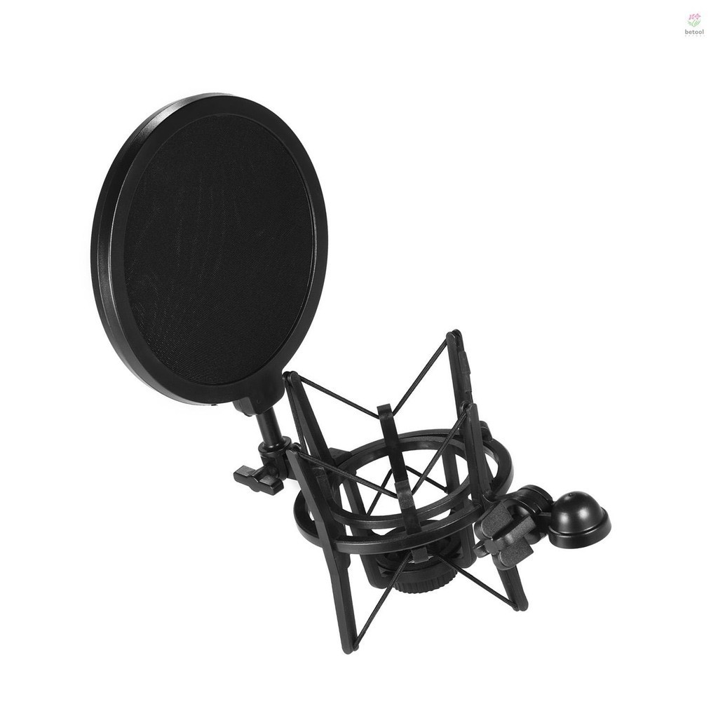 Univerdal พลาสติกคอนเดนเซอร์ไมโครโฟน Mic Shock Mount Holder Bracket Anti-vibration พร้อม Pop Filter สําหรับ On-line Broadcasting Studio Music Recording