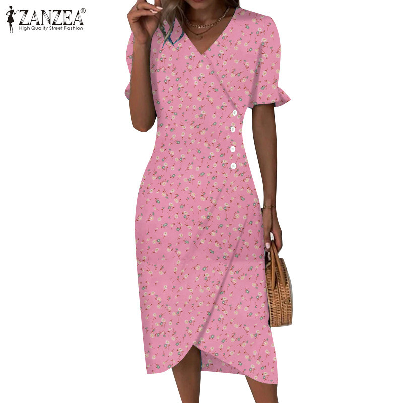 Zanzea ผู ้ หญิงแฟชั ่ นวันหยุดแขนสั ้ นคอวีพิมพ ์ ลายดอกไม ้ Midi Dress