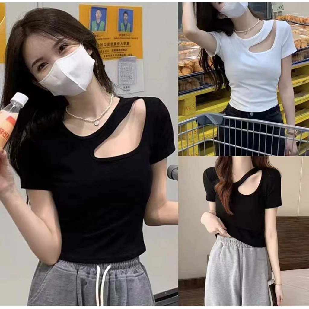 064 พร้อมส่ง เสื้อท่อนบน เสื้อยืดแขนสั้นฉลุลายสำหรับผู้หญิงเสื้อตัวสั้นทรงสลิมดีไซน์ใหม่（พร้อมส่งจากกทม มาถึงใน 3-5 วัน）