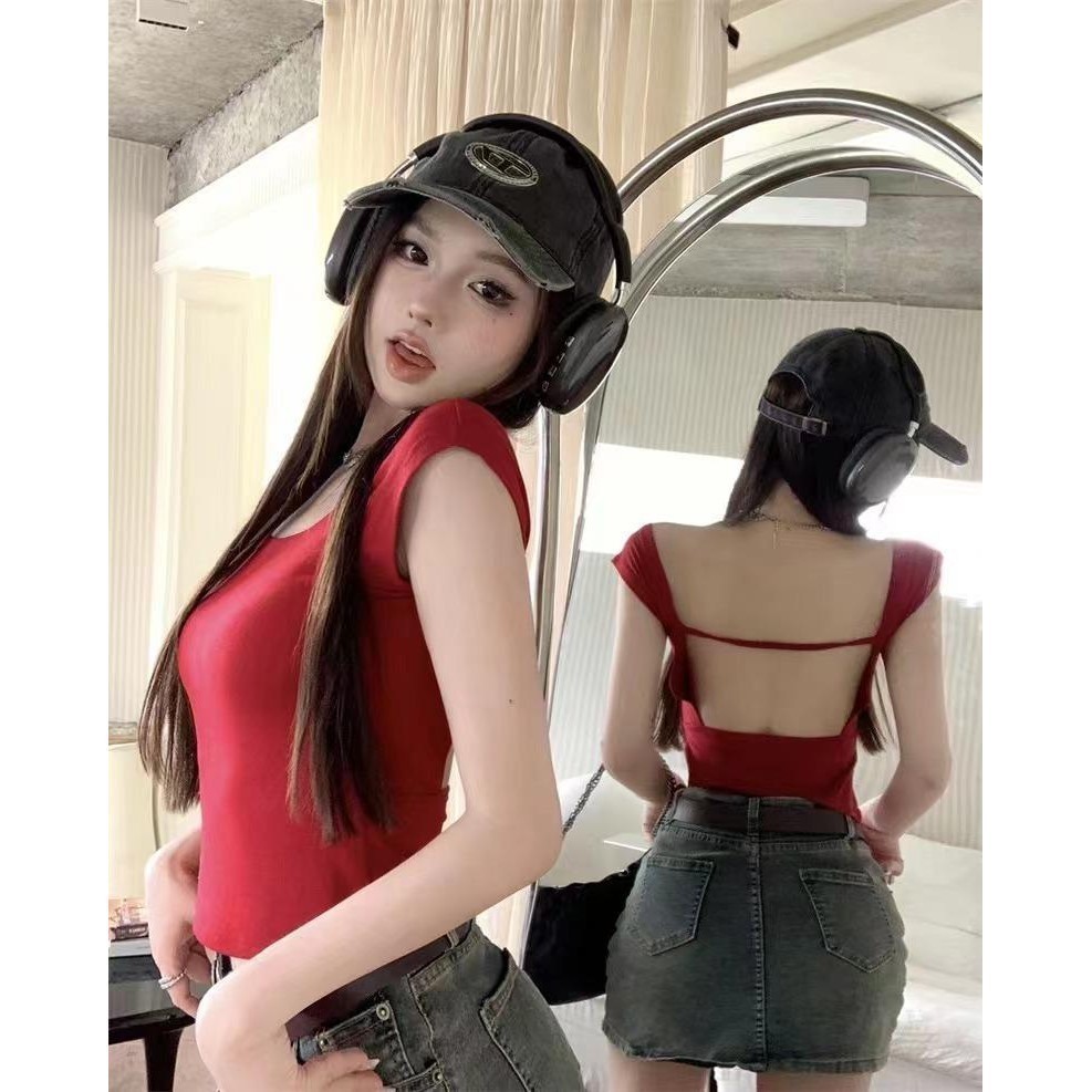 StrawBrary🍓เสื้อโชว์แผ่นหลัง ผู้หญิง เปิดหลัง แขนสั้น มีฟองน้ำ 32-36 ใส่ได้ โชว์หลัง ใส่สบาย