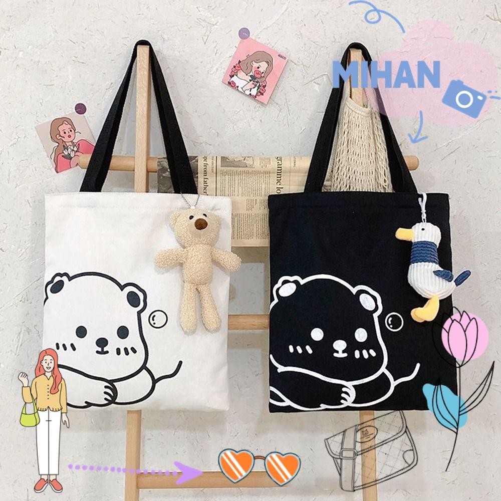 Mh Bucket Handbags, กระเป๋าโท้ทผ้าแคนวาสความจุขนาดใหญ่, 2024 กระเป๋าช้อปปิ้งพิมพ์ลายหมีสไตล์เกาหลี Commuting