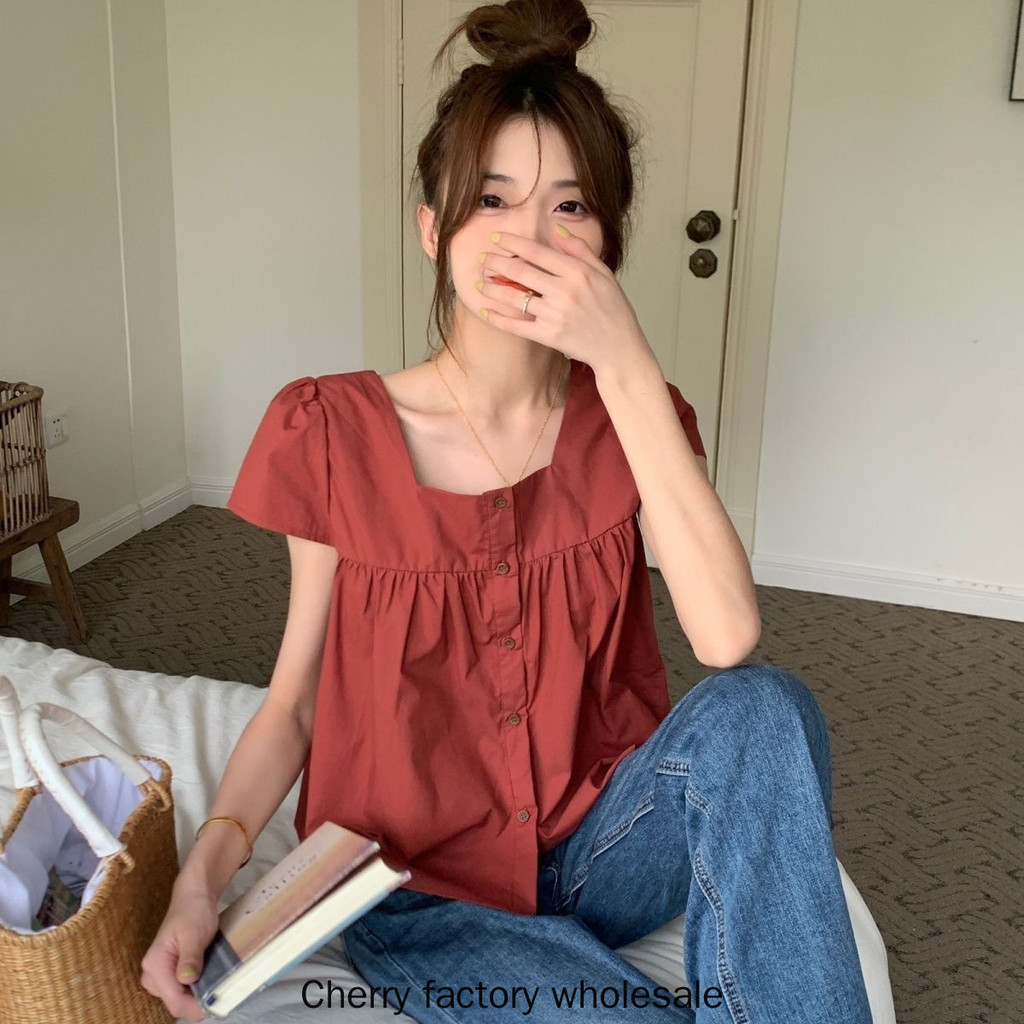 เสื้อผ้าแฟชั่น ใหม่ รุ่นเกาหลี คอสี่เหลี่ยม น่ารัก หวาน สีทึบ เสื้อผ้าสตรีท็อปส์ซู